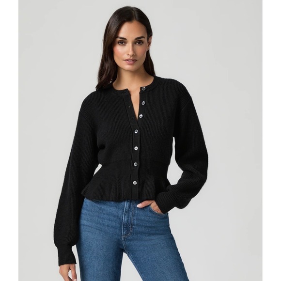PAIGE Sweaters - Paige Cardigan Roslyn XS Black Peplum Wool Blend Ribbed Knit Button Front Sweate